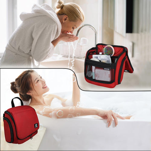 Sac de toilette suspendu Goloni avec crochet, grand sac à maquillage organisateur de voyage, sac cosmétique suspendu résistant à l'eau avec 10 compartiments pour femmes et hommes, rouge SUN N.