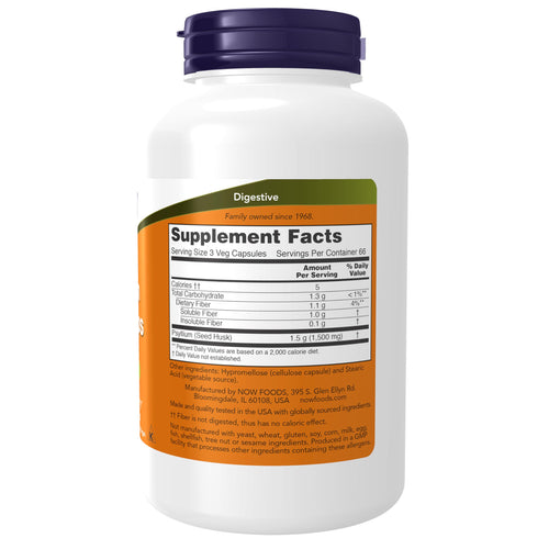 Compléments NOW Foods, Capsules de Cosses de Psyllium 500 mg, Vérifié par le Projet Non-OGM, Fibre Soluble Naturelle, Santé Intestinale*, 200 Capsules Végétales SUN N.