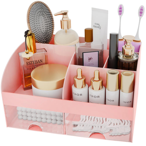 Organisateur de maquillage avec tiroirs, rangement cosmétique pour commode, coiffeuse et plan de travail de salle de bain, porte-beauté pour rouge à lèvres et pinceaux, organisateur de soins pour coiffeuse, vitrine cosmétique (blanc) SUN N.
