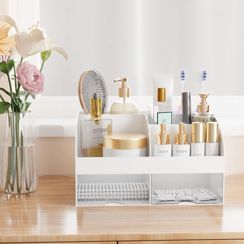 Organisateur de maquillage avec tiroirs, rangement cosmétique pour commode, coiffeuse et plan de travail de salle de bain, porte-beauté pour rouge à lèvres et pinceaux, organisateur de soins pour coiffeuse, vitrine cosmétique (blanc) SUN N.