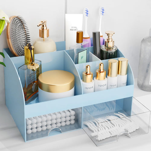 Organisateur de maquillage avec tiroirs, rangement cosmétique pour commode, coiffeuse et plan de travail de salle de bain, porte-beauté pour rouge à lèvres et pinceaux, organisateur de soins pour coiffeuse, vitrine cosmétique (blanc) SUN N.