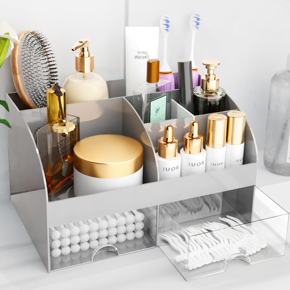 Organisateur de maquillage avec tiroirs, rangement cosmétique pour commode, coiffeuse et plan de travail de salle de bain, porte-beauté pour rouge à lèvres et pinceaux, organisateur de soins pour coiffeuse, vitrine cosmétique (blanc) SUN N.
