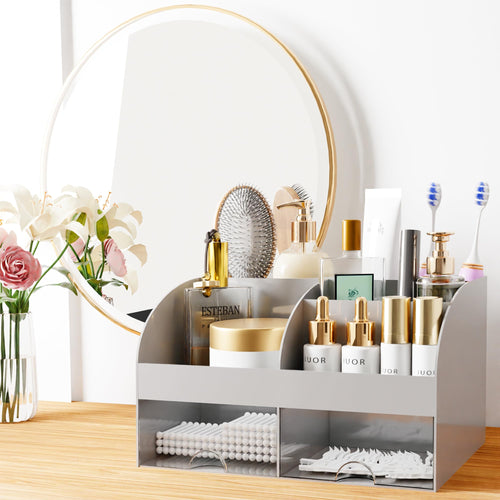 Organisateur de maquillage avec tiroirs, rangement cosmétique pour commode, coiffeuse et plan de travail de salle de bain, porte-beauté pour rouge à lèvres et pinceaux, organisateur de soins pour coiffeuse, vitrine cosmétique (blanc) SUN N.