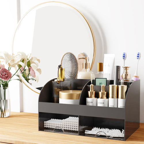Organisateur de maquillage avec tiroirs, rangement cosmétique pour commode, coiffeuse et plan de travail de salle de bain, porte-beauté pour rouge à lèvres et pinceaux, organisateur de soins pour coiffeuse, vitrine cosmétique (blanc) SUN N.