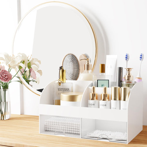 Organisateur de maquillage avec tiroirs, rangement cosmétique pour commode, coiffeuse et plan de travail de salle de bain, porte-beauté pour rouge à lèvres et pinceaux, organisateur de soins pour coiffeuse, vitrine cosmétique (blanc) SUN N.