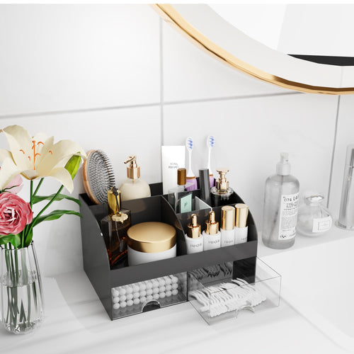 Organisateur de maquillage avec tiroirs, rangement cosmétique pour commode, coiffeuse et plan de travail de salle de bain, porte-beauté pour rouge à lèvres et pinceaux, organisateur de soins pour coiffeuse, vitrine cosmétique (blanc) SUN N.