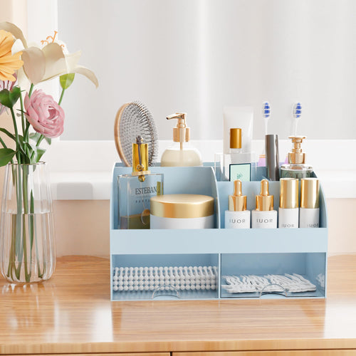 Organisateur de maquillage avec tiroirs, rangement cosmétique pour commode, coiffeuse et plan de travail de salle de bain, porte-beauté pour rouge à lèvres et pinceaux, organisateur de soins pour coiffeuse, vitrine cosmétique (blanc) SUN N.