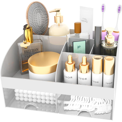 Organisateur de maquillage avec tiroirs, rangement cosmétique pour commode, coiffeuse et plan de travail de salle de bain, porte-beauté pour rouge à lèvres et pinceaux, organisateur de soins pour coiffeuse, vitrine cosmétique (blanc) SUN N.
