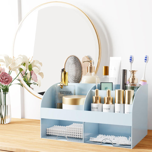 Organisateur de maquillage avec tiroirs, rangement cosmétique pour commode, coiffeuse et plan de travail de salle de bain, porte-beauté pour rouge à lèvres et pinceaux, organisateur de soins pour coiffeuse, vitrine cosmétique (blanc) SUN N.
