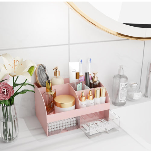 Organisateur de maquillage avec tiroirs, rangement cosmétique pour commode, coiffeuse et plan de travail de salle de bain, porte-beauté pour rouge à lèvres et pinceaux, organisateur de soins pour coiffeuse, vitrine cosmétique (blanc) SUN N.