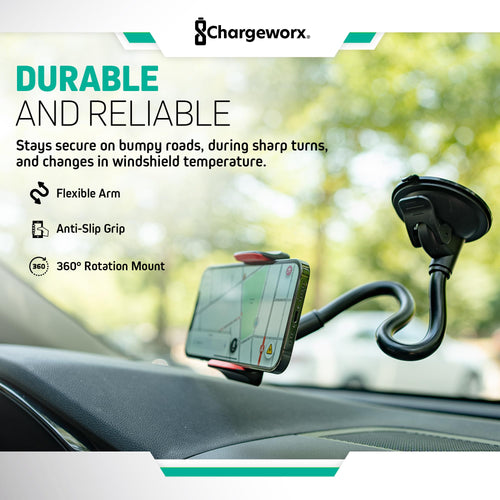 Support de téléphone réglable CHARGEWORX pour pare-brise de voiture, support de téléphone portable avec col de cygne flexible de 14,75", ventouse, pince antidérapante, rotation à 360 degrés pour iPhone et Samsung SUN N.