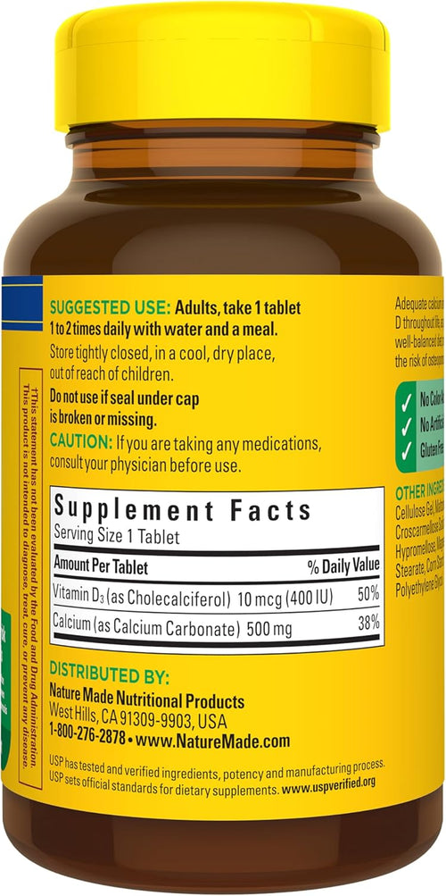Nature Made Calcium 500 mg avec Vitamine D3, Supplément de Calcium et de Vitamine D pour le soutien osseux, 130 comprimés SUN N.