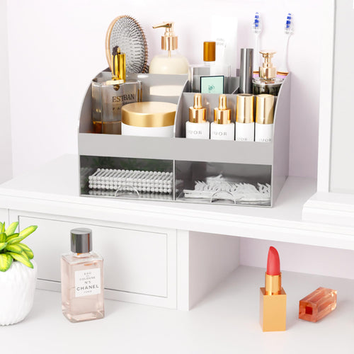 Organisateur de maquillage avec tiroirs, rangement cosmétique pour commode, coiffeuse et plan de travail de salle de bain, porte-beauté pour rouge à lèvres et pinceaux, organisateur de soins pour coiffeuse, vitrine cosmétique (blanc) SUN N.