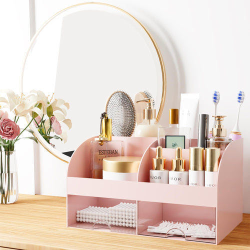 Organisateur de maquillage avec tiroirs, rangement cosmétique pour commode, coiffeuse et plan de travail de salle de bain, porte-beauté pour rouge à lèvres et pinceaux, organisateur de soins pour coiffeuse, vitrine cosmétique (blanc) SUN N.