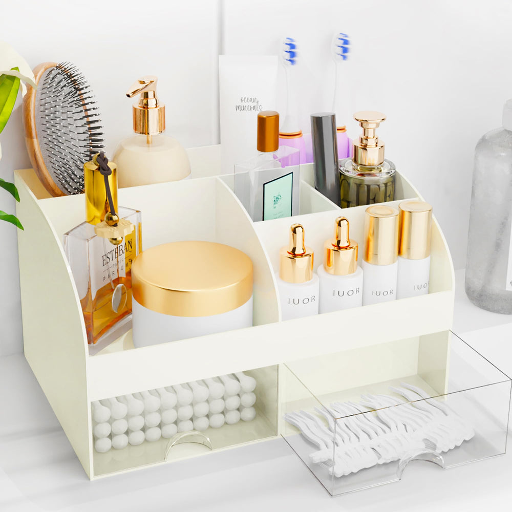 Organisateur de maquillage avec tiroirs, rangement cosmétique pour commode, coiffeuse et plan de travail de salle de bain, porte-beauté pour rouge à lèvres et pinceaux, organisateur de soins pour coiffeuse, vitrine cosmétique (blanc) SUN N.