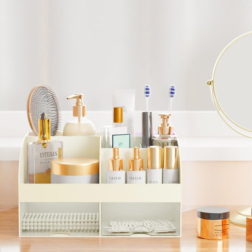 Organisateur de maquillage avec tiroirs, rangement cosmétique pour commode, coiffeuse et plan de travail de salle de bain, porte-beauté pour rouge à lèvres et pinceaux, organisateur de soins pour coiffeuse, vitrine cosmétique (blanc) SUN N.