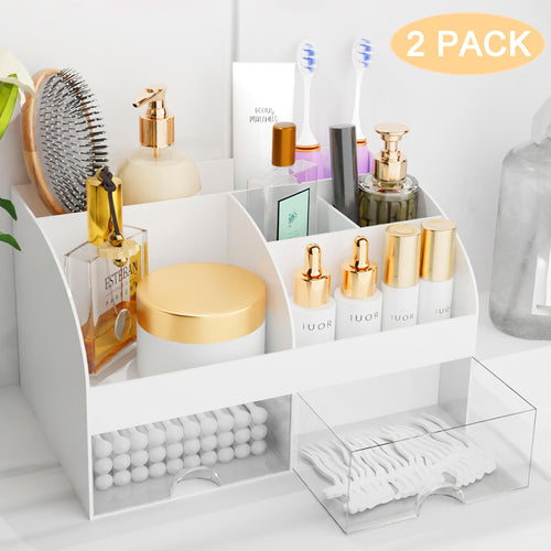 Organisateur de maquillage avec tiroirs, rangement cosmétique pour commode, coiffeuse et plan de travail de salle de bain, porte-beauté pour rouge à lèvres et pinceaux, organisateur de soins pour coiffeuse, vitrine cosmétique (blanc) SUN N.