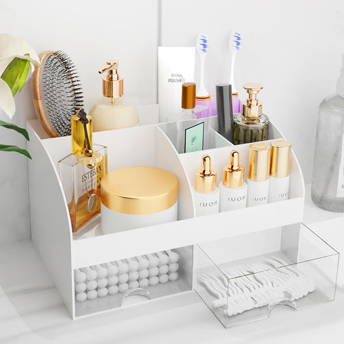 Organisateur de maquillage avec tiroirs, rangement cosmétique pour commode, coiffeuse et plan de travail de salle de bain, porte-beauté pour rouge à lèvres et pinceaux, organisateur de soins pour coiffeuse, vitrine cosmétique (blanc) SUN N.