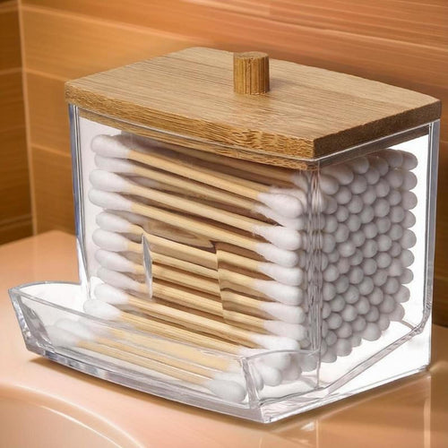 Porte-coton-tiges en acrylique transparent 7oz avec couvercle en bois - Organisateur salle de bain élégant