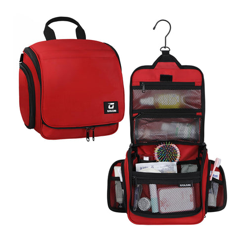 Sac de toilette suspendu Goloni avec crochet, grand sac à maquillage organisateur de voyage, sac cosmétique suspendu résistant à l'eau avec 10 compartiments pour femmes et hommes, rouge SUN N.