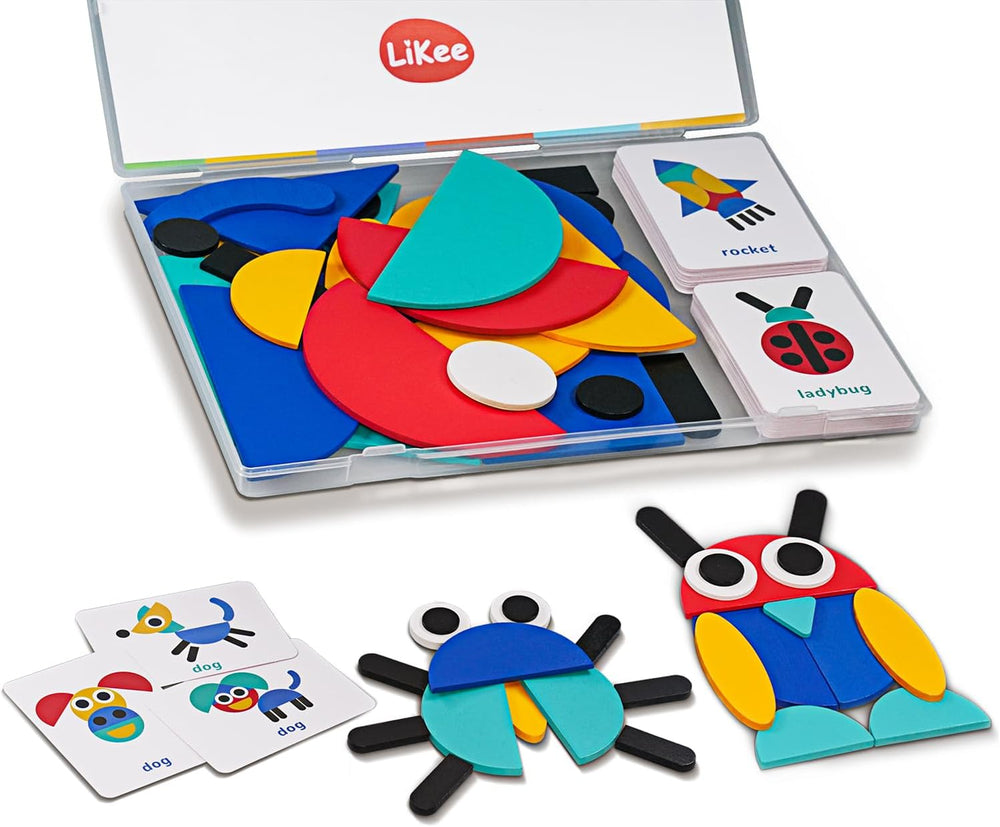 LiKee Puzzles en Bois à Formes Ouvertes (36 Blocs & 60 Cartes) pour Tout-Petits de 3 Ans et Plus, Jouets Montessori de Développement, Activité Éducative pour la Maternelle, Jouet de Voyage, Jeux de Société pour Enfants de 4 à 8 Ans SUN N.