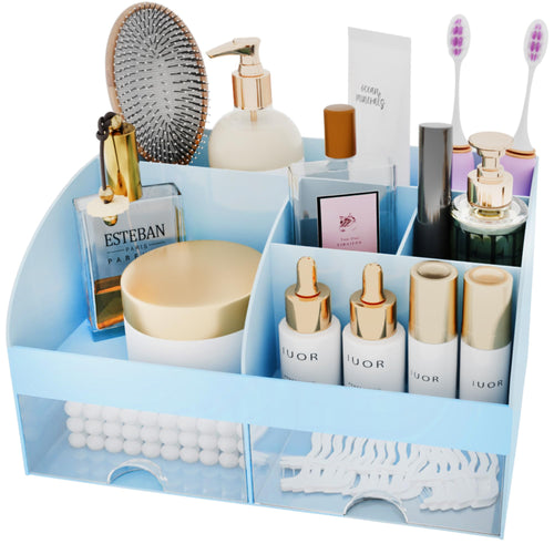 Organisateur de maquillage avec tiroirs, rangement cosmétique pour commode, coiffeuse et plan de travail de salle de bain, porte-beauté pour rouge à lèvres et pinceaux, organisateur de soins pour coiffeuse, vitrine cosmétique (blanc) SUN N.