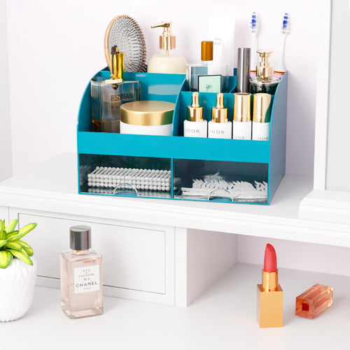 Organisateur de maquillage avec tiroirs, rangement cosmétique pour commode, coiffeuse et plan de travail de salle de bain, porte-beauté pour rouge à lèvres et pinceaux, organisateur de soins pour coiffeuse, vitrine cosmétique (blanc) SUN N.