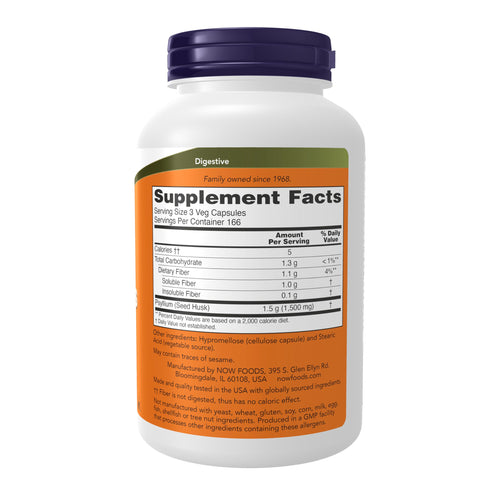 Compléments NOW Foods, Capsules de Cosses de Psyllium 500 mg, Vérifié par le Projet Non-OGM, Fibre Soluble Naturelle, Santé Intestinale*, 200 Capsules Végétales SUN N.