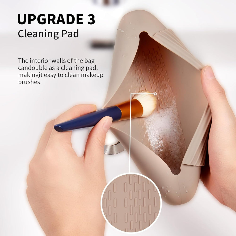 Porte-pinceaux de maquillage en silicone Sac cosmétique de voyage : Porte-pinceaux de maquillage pour le visage doux et portable avec fermeture magnétique améliorée anti-chute, grande trousse de pinceaux de maquillage de voyage - Noyer SUN N.