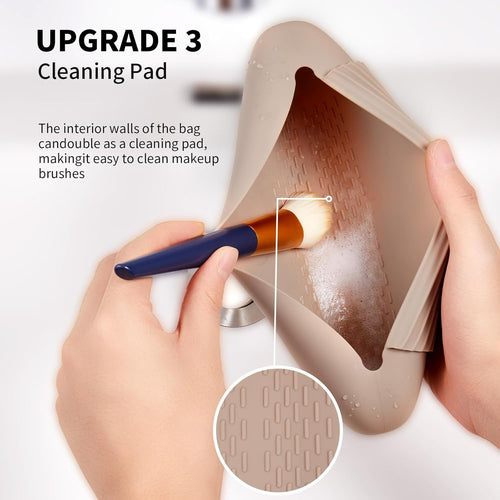 Porte-pinceaux de maquillage en silicone Sac cosmétique de voyage : Porte-pinceaux de maquillage pour le visage doux et portable avec fermeture magnétique améliorée anti-chute, grande trousse de pinceaux de maquillage de voyage - Noyer SUN N.