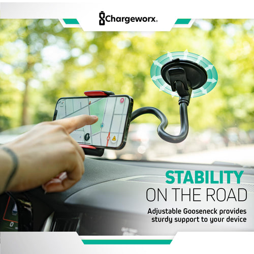Support de téléphone réglable CHARGEWORX pour pare-brise de voiture, support de téléphone portable avec col de cygne flexible de 14,75", ventouse, pince antidérapante, rotation à 360 degrés pour iPhone et Samsung SUN N.