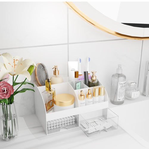 Organisateur de maquillage avec tiroirs, rangement cosmétique pour commode, coiffeuse et plan de travail de salle de bain, porte-beauté pour rouge à lèvres et pinceaux, organisateur de soins pour coiffeuse, vitrine cosmétique (blanc) SUN N.