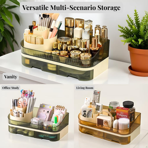 Makeup Organizer with Dual Drawers - Large Capacity Countertop Cosmetic Storage for Skincare Vanity Bathroom SUN N.