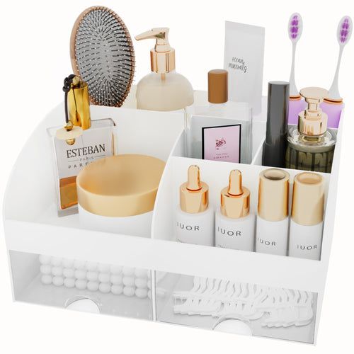 Organisateur de maquillage avec tiroirs, rangement cosmétique pour commode, coiffeuse et plan de travail de salle de bain, porte-beauté pour rouge à lèvres et pinceaux, organisateur de soins pour coiffeuse, vitrine cosmétique (blanc) SUN N.