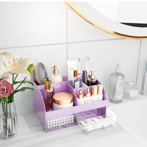 Organisateur de maquillage avec tiroirs, rangement cosmétique pour commode, coiffeuse et plan de travail de salle de bain, porte-beauté pour rouge à lèvres et pinceaux, organisateur de soins pour coiffeuse, vitrine cosmétique (blanc) SUN N.