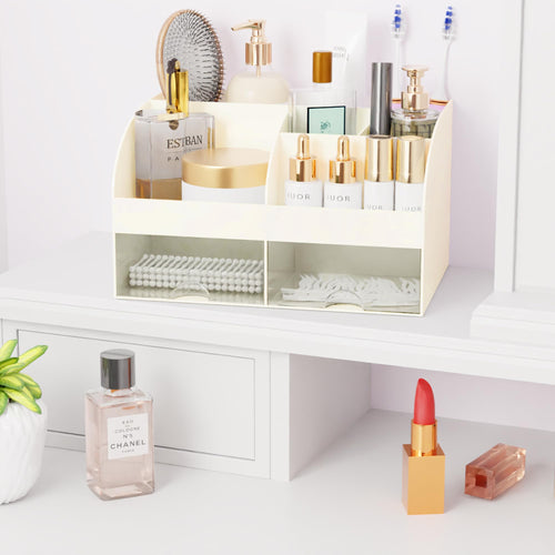 Organisateur de maquillage avec tiroirs, rangement cosmétique pour commode, coiffeuse et plan de travail de salle de bain, porte-beauté pour rouge à lèvres et pinceaux, organisateur de soins pour coiffeuse, vitrine cosmétique (blanc) SUN N.