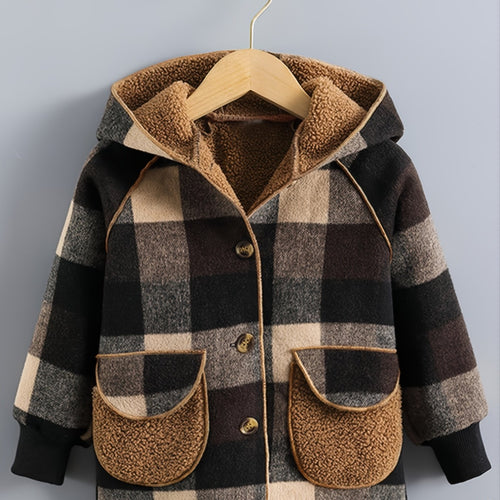 Veste à carreaux doublée polaire pour garçons - Automne/Hiver, motif tartan marron, col cardigan SUN N.