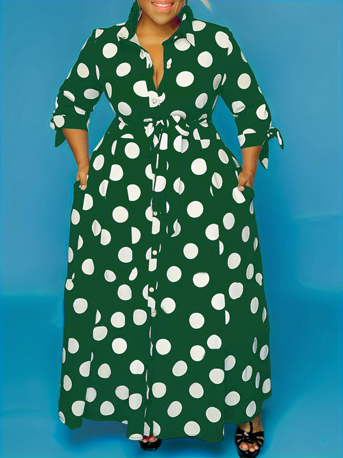 plus size polka dot maxi dress with belt button collar elegant