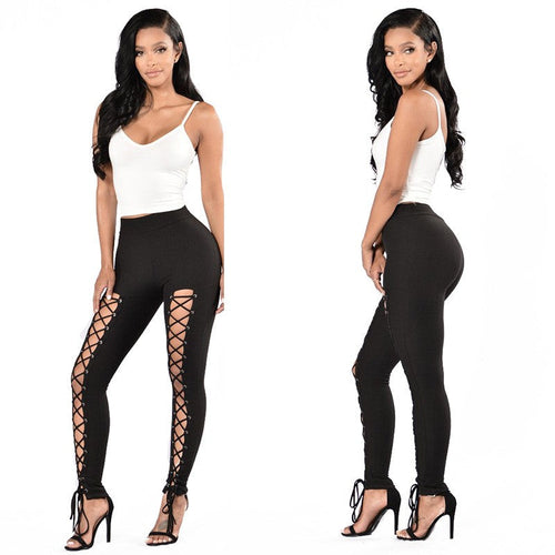 Leggings tendance automne-hiver + sexy occidentaux à lacets avec double rangée d'œillets, pantalons chevillés à nouer pour femmes, coupe ajustée couleur unie SUN N.