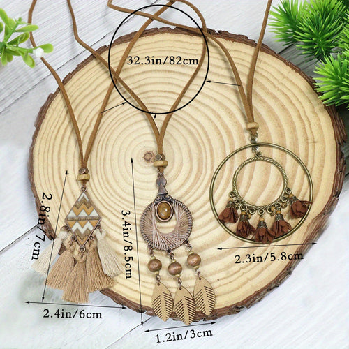 Ensemble de 3 colliers pendentifs de mode féminine de style ethnique avec pendentif à pompon floral, en alliage de zinc émaillé bronze avec incrustation de strass en verre, collier vintage SUN N.