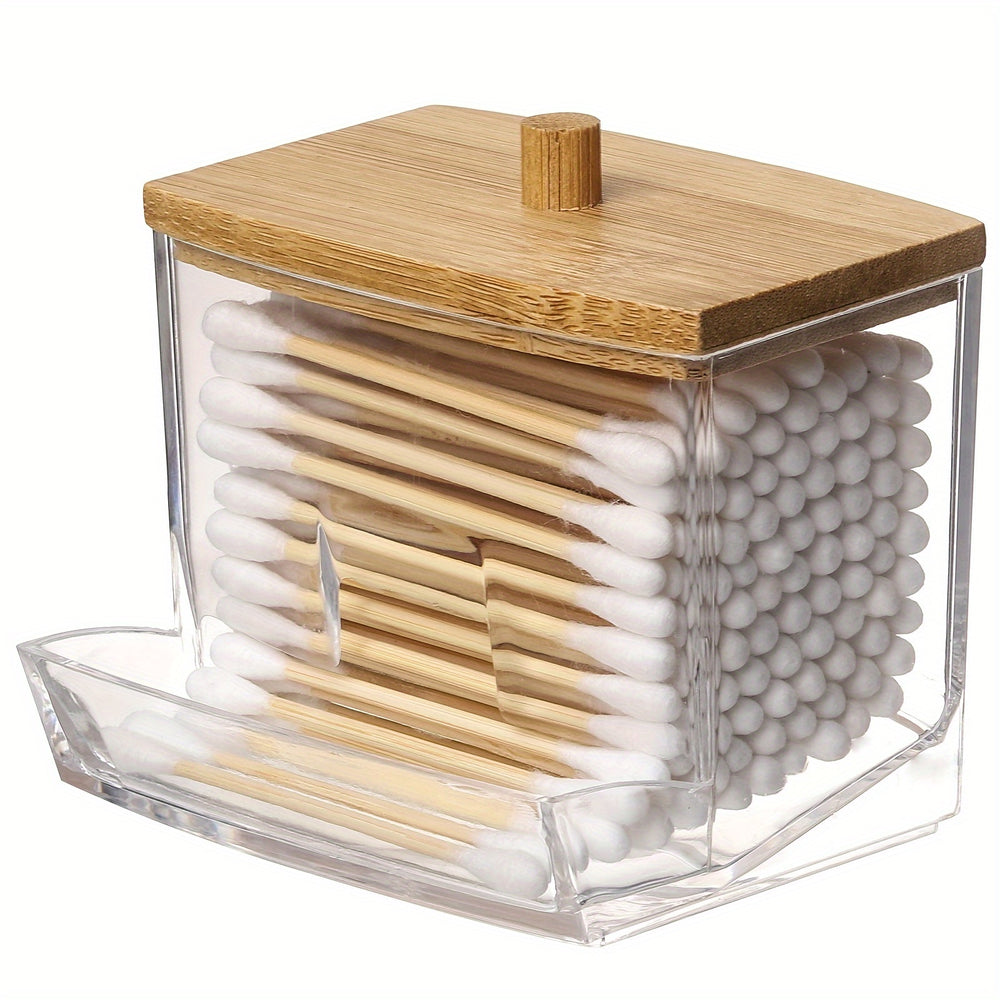 Porte-coton-tiges en acrylique transparent 7oz avec couvercle en bois - Organisateur salle de bain élégant