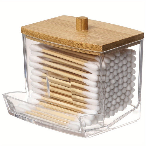 Porte-coton-tiges en acrylique transparent 7oz avec couvercle en bois - Organisateur salle de bain élégant