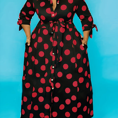 plus size polka dot maxi dress with belt button collar elegant