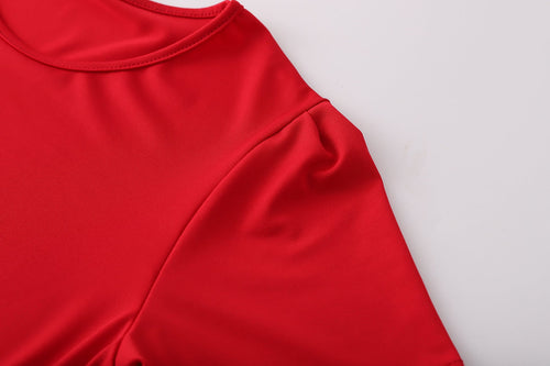 Robe mi-longue à fleurs pour femmes, grande taille, imprimé rouge colorblock, manches courtes - Col rond élégant, tissu en polyester légèrement extensible, parfaite pour toutes les saisons SUN N.