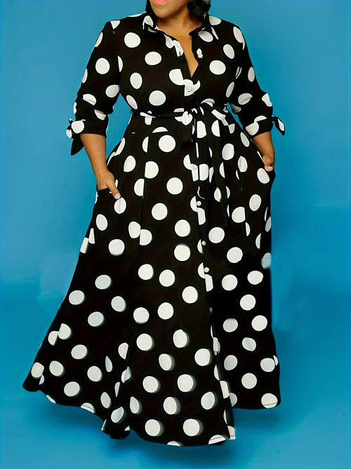 plus size polka dot maxi dress with belt button collar elegant