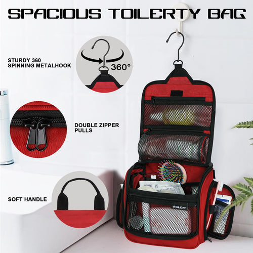 Sac de toilette suspendu Goloni avec crochet, grand sac à maquillage organisateur de voyage, sac cosmétique suspendu résistant à l'eau avec 10 compartiments pour femmes et hommes, rouge SUN N.