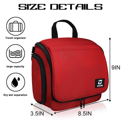 Sac de toilette suspendu Goloni avec crochet, grand sac à maquillage organisateur de voyage, sac cosmétique suspendu résistant à l'eau avec 10 compartiments pour femmes et hommes, rouge SUN N.