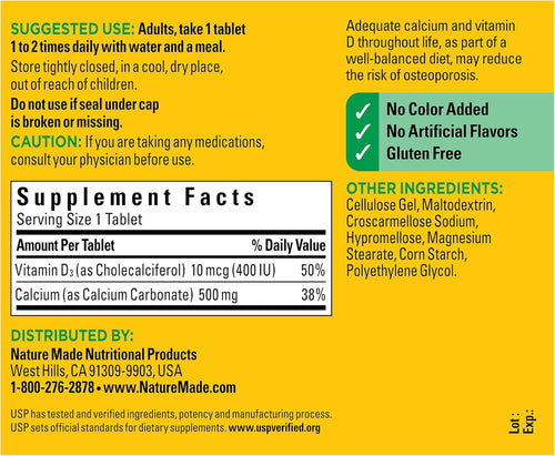 Nature Made Calcium 500 mg avec Vitamine D3, Supplément de Calcium et de Vitamine D pour le soutien osseux, 130 comprimés SUN N.