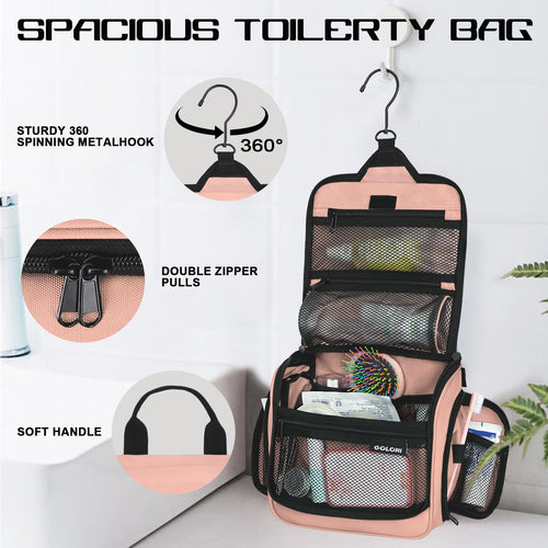 Sac de toilette suspendu Goloni avec crochet, grand sac à maquillage organisateur de voyage, sac cosmétique suspendu résistant à l'eau avec 10 compartiments pour femmes et hommes, rouge SUN N.