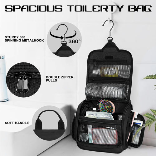 Sac de toilette suspendu Goloni avec crochet, grand sac à maquillage organisateur de voyage, sac cosmétique suspendu résistant à l'eau avec 10 compartiments pour femmes et hommes, rouge SUN N.